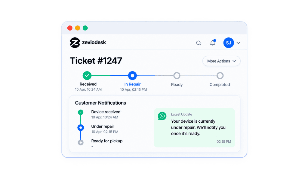 Zeviodesk Ticket Progress and Notification View