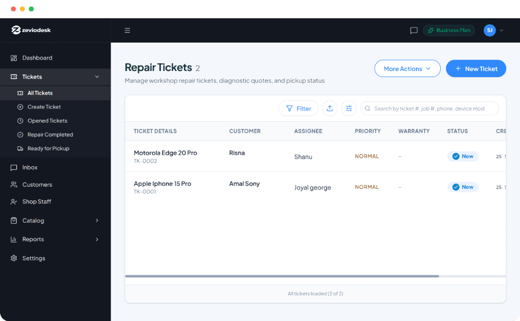 Zeviodesk Repair Tickets and Workflow Management View