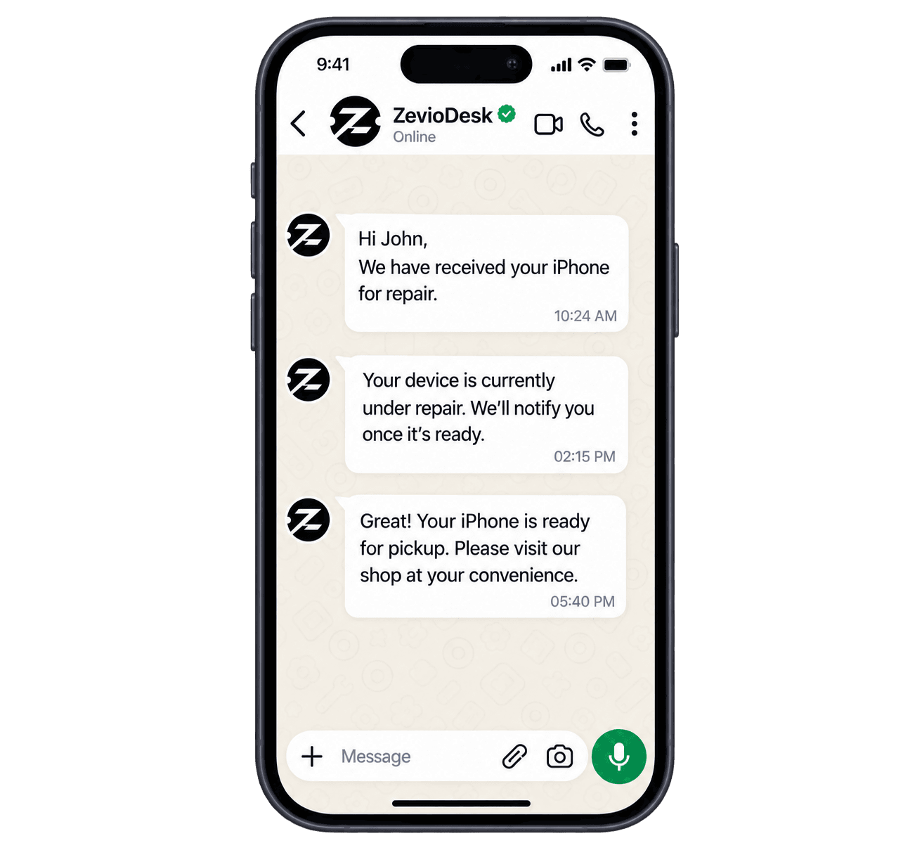 Zeviodesk WhatsApp Automated Customer Notification Preview